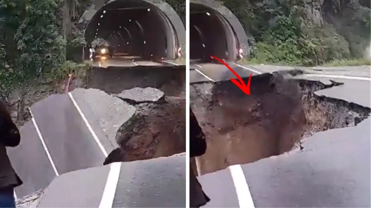 Ordu’da tünel çıkışında yol çöktü.