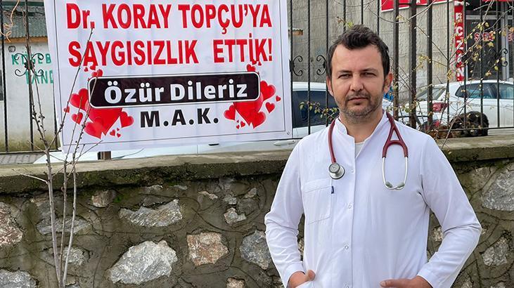 Muayene sırası kavgasında doktordan pankartla özür