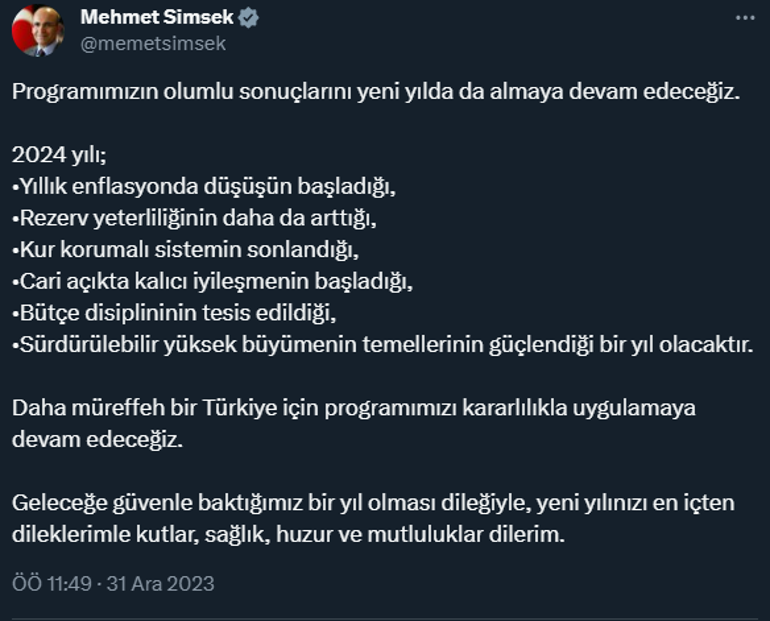 Bakan Şimşek: Olumlu sonuçları yeni yılda da almaya devam edeceğiz