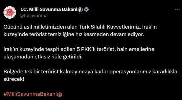 Terörist temizliğine devam! Irak'ın kuzeyinde 5 PKK'lı etkisiz hale getirildi