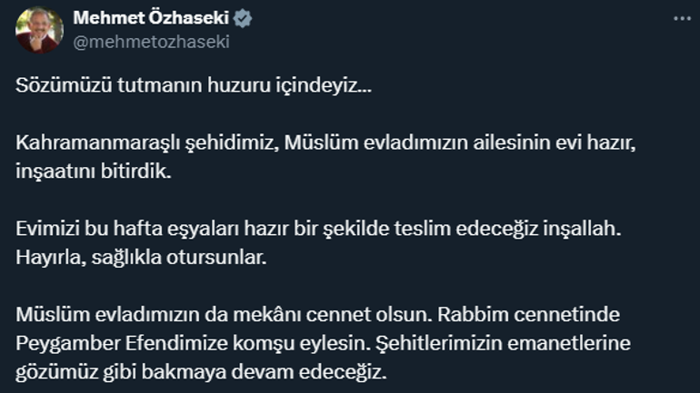 Bakan Özhaseki: Şehidimiz, Müslüm evladımızın ailesinin evi hazır