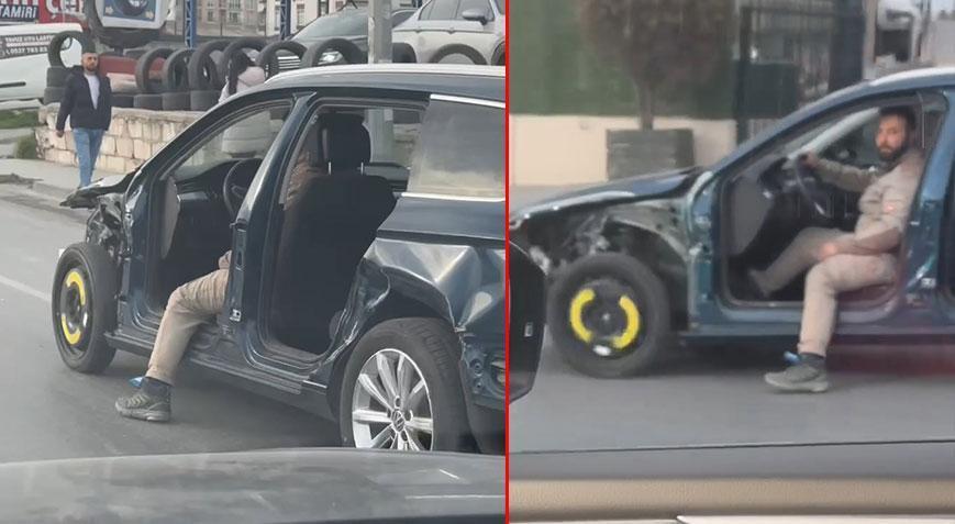 Şokle eden görüntü! Kapısı olmayan otomobille trafiğe çıktı