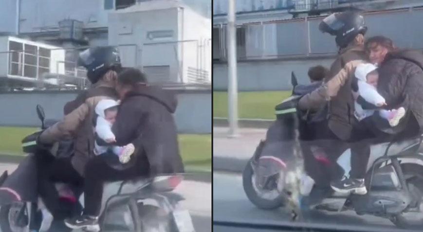 Motosiklet üzerinde akılalmaz görüntü! Çocuklarının canını hiçe saydılar