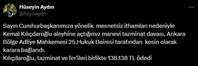 Kılıçdaroğlu, Erdoğan'a 138.138 TL tazminat ödedi