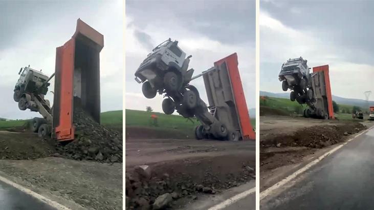 Görenler şaştı kaldı! Damperli kamyon böyle şaha kalktı